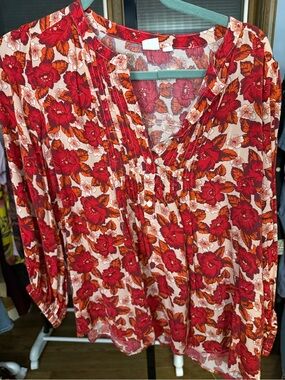 GAP Red Floral Pintuck Peasant Blouse